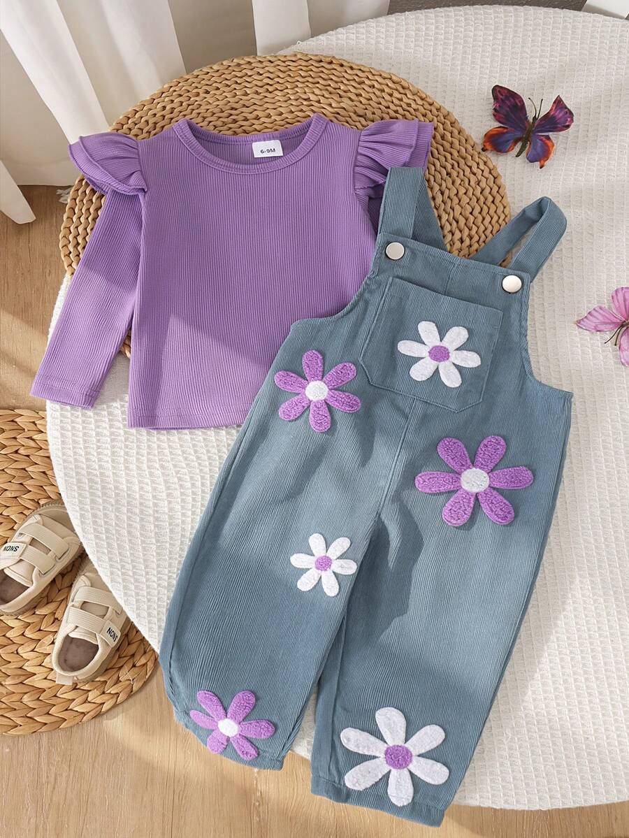 2pcs Baby Girl Cute Casual Ribbed Top & Towel Embroidery Corduroy Overalls Set, Thin Spring/Autumn - Purple - View 1