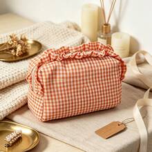 Personalized Plaid Makeup Bag, Customized Name Ruffle Edge Cosmetic Storage Bag, Preppy Style Toiletry Organizer, Gift For Her, Travel Essential - Multicolor - View 16