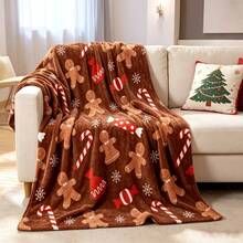 Brown Gingerbread Man Candy Cane Christmas Print Fluorescent Flannel Blanket, Living Room Sofa Bay Window Office Nap Throw, All-Season Machine Washable, Christmas, Birthday Gift Recommendation - Multicolor - View 1