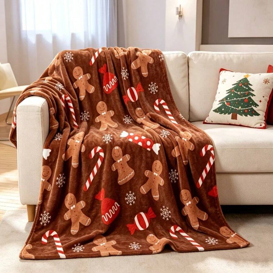 Brown Gingerbread Man Candy Cane Christmas Print Fluorescent Flannel Blanket, Living Room Sofa Bay Window Office Nap Throw, All-Season Machine Washable, Christmas, Birthday Gift Recommendation - Multicolor - View 1