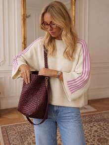 Women's Colorblock Striped Long Sleeve Knit Top, 2026 Crew Neck Mid-Short Knit Sweater, French Street Style Autumn Daily Cafe - White - View 2