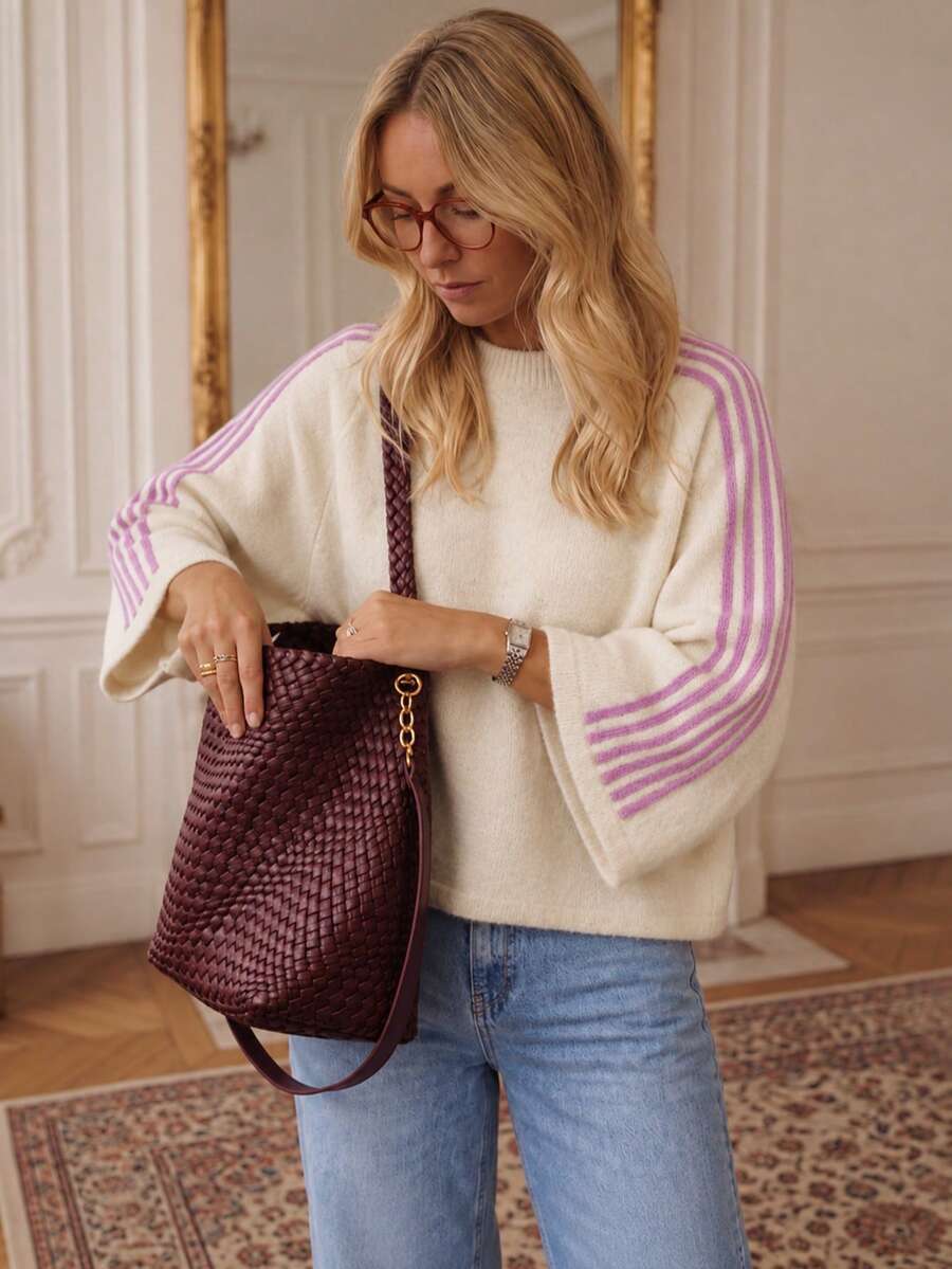 Women's Colorblock Striped Long Sleeve Knit Top, 2026 Crew Neck Mid-Short Knit Sweater, French Street Style Autumn Daily Cafe