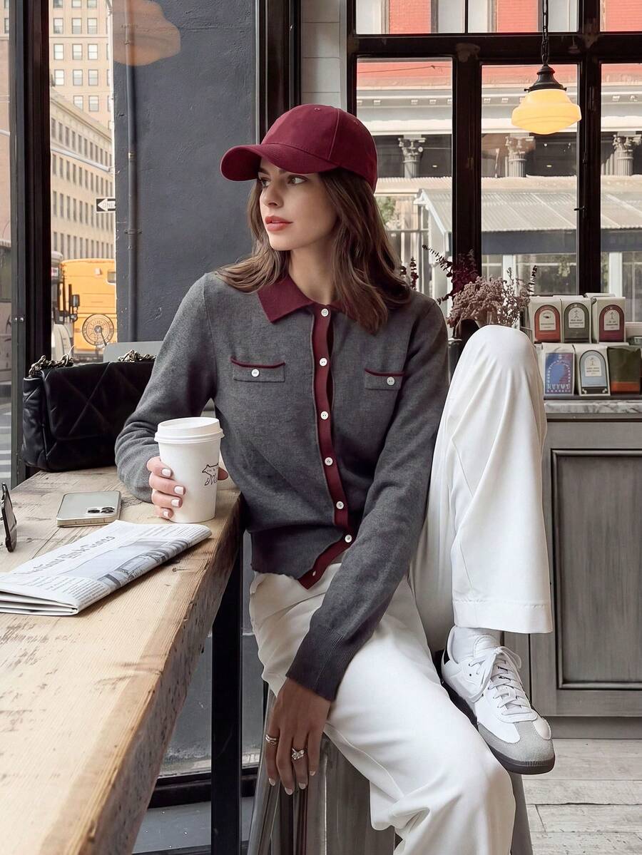 كارديجان محبوك بياقة فرنسية أنيقة بتصميم كتل لونية، كارديجان محبوك بياقة بولو بتصميم كتل لونية جديد للخريف المبكر، كنزة صوفية محبوكة بأسلوب لطيف وتصميم نحيف للتنقل/الملابس الداخلية، مناسبة للعمل والتنقل والعطلات والمواعدة وغيرها من الإطلالات - رمادي - مشاهدة 1