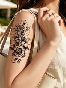 1pc Waterproof Black Flower Temporary Tattoo, Rose Floral Tattoo Sticker Suitable For Hand, Arm And Body Decor, Fake Tattoo For Women Men, Holiday Party Body Decal - Black - View 2