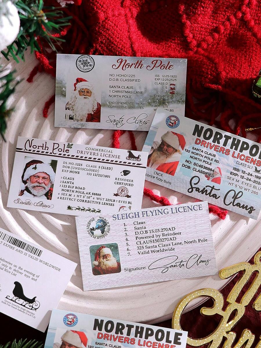 4 Styles Santa Claus Sleigh Driver's License Cards, Vintage ID Layout, Printed With Santa Claus Portrait And North Pole Reindeer Text, American Retro Fun Style Suitable For Winter Christmas, Can Be Used As Surprise Props For Christmas Gift Box Matching, Family Party, Holiday Interactive Cards - Multicolor - View 1