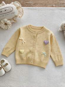 Korean Style Sweet Baby Hollow Knit Sweater, Colorful Heart Bow Round Neck Autumn Fashion Single-Breasted Cardigan For Baby Girls - Yellow - View 1