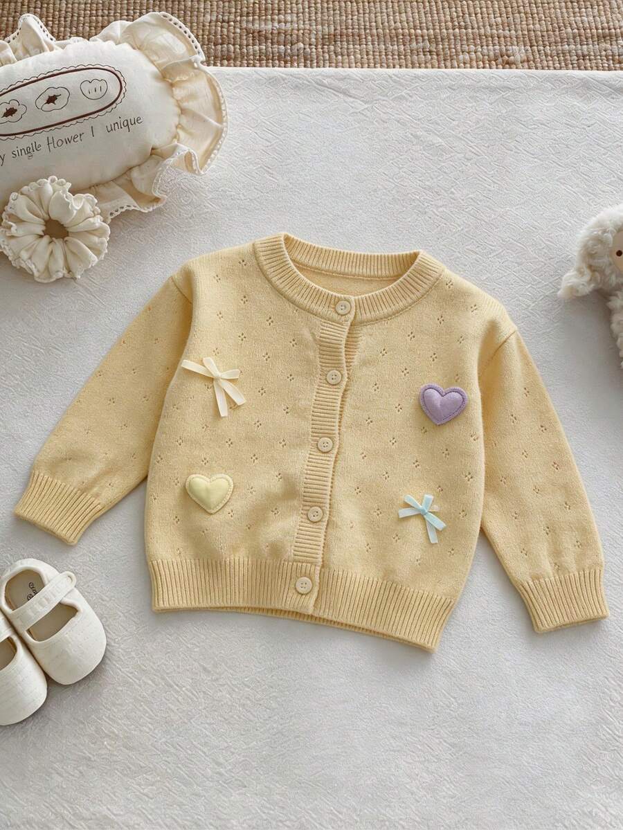 Korean Style Sweet Baby Hollow Knit Sweater, Colorful Heart Bow Round Neck Autumn Fashion Single-Breasted Cardigan For Baby Girls - Yellow - View 1