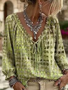 Women's Plus Size Green Bohemian Style Blouse, Front Tie Ruffle Decor, Long Raglan Sleeve, Fashionable Casual Top - Green - View 1