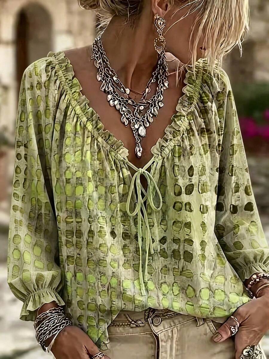 Women's Plus Size Green Bohemian Style Blouse, Front Tie Ruffle Decor, Long Raglan Sleeve, Fashionable Casual Top - Green - View 1
