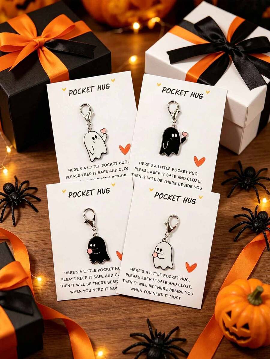 10pcs/Set Halloween Ghost Pocket Hug Keychain, Black Ghost Key Ring With Card, Halloween Boo Little Ghost Pendant, Friendship Encouragement Gift, Spooky Gothic Style Bag Charm - Multicolor - View 1
