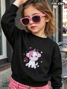 Kids Black Hoodie: Cute Unicorn & Pink Note Print, Round Neck Long Sleeve, Soft Breathable Casual Style For Spring Autumn Daily Wear - Black - View 1