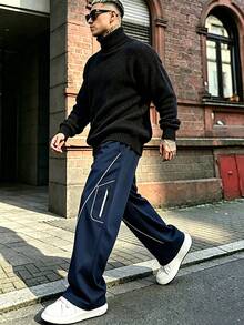 男士休閒寬鬆直筒運動長褲，春夏時尚長褲 - 藏蓝色 - 查看 2