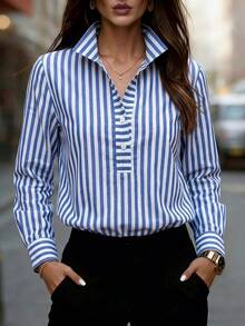 Women's Blue And White Striped Long Sleeve Button Detail Lapel Collar Shirt, Casual Elegant, Suitable For Home, Office, Commute, Daily Wear, All Seasons - Light Blue - View 3