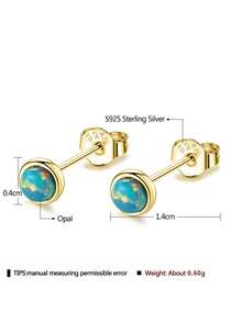 LEKANI 1 buah Anting Tusuk Kecil Opal Bulat Perak Sterling S925, Anting Batu Berwarna-warni Mini Minimalis dengan Bingkai, Perhiasan Serbaguna untuk Wanita untuk Perjalanan Sehari-hari - Emas - View 4