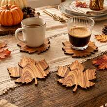 6/2pcs Thanksgiving Maple Leaf Coasters, Autumn Tabletop Decor, Natural Wood Coffee Cup Coasters, Rustic Farmhouse Kitchen & Dining Table Decoration, Holiday Home Decor Accessories - Multicolor - View 3
