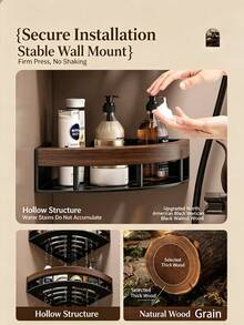 Walnut Wood Bathroom Corner Shelf, No-Drill Wall-Mounted Storage Rack For Shower, Washroom And Toilet - Multicolor - View 9