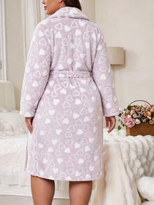 Plus Size Women's V-Neck Long Sleeve Flannel Thickened Robe Autumn Winter Elegant Heart Pattern With Waist Tie Loungewear - Grey - View 2