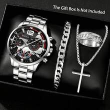 4pcs Men's Luxury Quartz Watch And Bracelet, Cross Necklace Ring Set, Classic Round Dial Design, Fashion Business Style, Perfect Gift For Various Occasions (Box Not Included) - Black - View 7