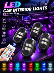 2/4/6/8入 4LED USB充電式車內燈，附遙控器，8色迷你RGB氛圍燈，適用於汽車、摩托車、自行車與無人機，高亮度，安裝簡單 - 4顆LED - 查看 2