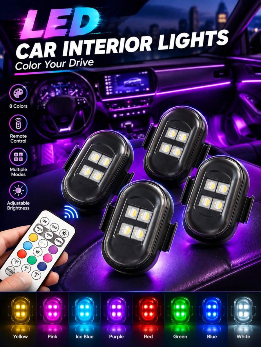 2/4/6/8入 4LED USB充電式車內燈，附遙控器，8色迷你RGB氛圍燈，適用於汽車、摩托車、自行車與無人機，高亮度，安裝簡單