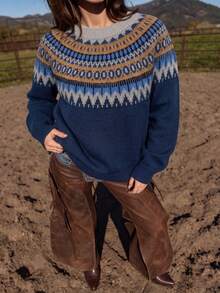Western Boho Fair Isle Geometric Print Casual Sweater For Women, Autumn Outfit, Vacation Wear - Blue - View 3