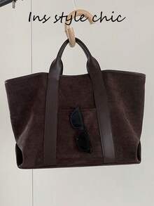 Vintage Minimalist Tote Bag, Dual Handle Design With Front Pocket, Square Structured Shape, Spacious Interior For Various Personal Items, Clean And Timeless Silhouette, Suitable For Commuting And Travel, Effortlessly Creating A Sophisticated And Elegant Outfit - Coffee Brown - View 7