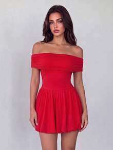 Petite Off-The-Shoulder Red Knit Mini Dress, Elegant Casual Dress For Parties, Going Out, Vacations, Graduation & Festivals - Red - View 4