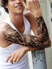 Full Arm Sleeve Temporary Tattoo Stickers, Gothic Black Sketch Compass Clock Rose Skull Wolf Pattern, Waterproof Disposable Fake Body Art Tattoos For Men Women, Lasts 2-5 Days For Party Vacation - Black - View 7