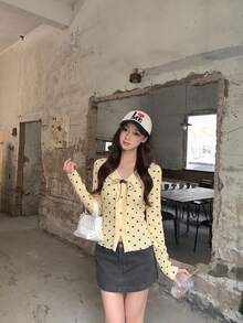 Preppy Sweet Vacation Date Contrast Color Polka Dot Frill Trim Women's Top, Suitable For Back To School Season, Gatherings - Pale Yellow - View 3