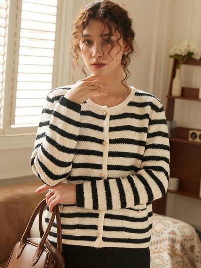 Knit Mix Elegant Women's Autumn/Winter French Fashion Chic Casual Knit Striped Crew Neck Long Sleeve Colorblock Loose Cardigan Sweater Top