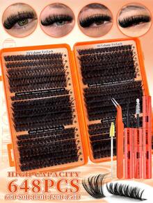 720/684/648/120 Clusters Lashes D Curl Thick Fluffy Fish Tail Eyelashes High Capacity, DIY At Home, Fake Lashes Book Beginner Friendly Kit, Long Lasting Eyes Makeup, Segmented Lashes Extensions Lightweight Bundle Lash With Lash Glue, Tweezers, Brush - Burnt Orange - View 2