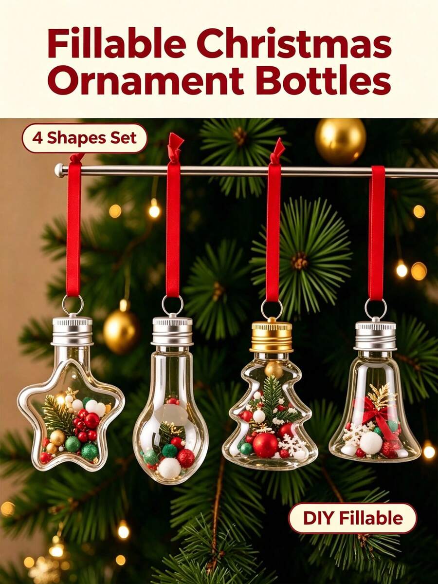 1/4/8/12pcs Refillable Christmas Tree Shaped Decorative Balls, Transparent Plastic Bottle Spheres With Hanging Pendant, DIY Fillable Color, Suitable For Christmas Tree, Holiday Party Decoration - Multicolor - View 1
