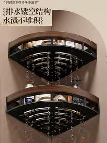 Walnut Wood Bathroom Corner Shelf, No-Drill Wall-Mounted Storage Rack For Shower, Washroom And Toilet - Multicolor - View 4