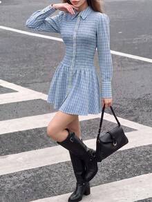 Women's Elegant Plaid Shirt Short Dress, Collared Long Sleeve Ruched Cinched Waist A-Line Skirt, Suitable For Daily Outings And Commuting - Baby Blue - View 11