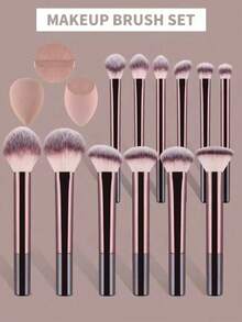 12pcs/Set Multi-Function Full Makeup Brush Set, Including Powder Brush, Blush Brush, Foundation Brush, Eyeshadow Brush, Blending Brush, Contour Brush + 1pc Round Head Brush - Brown - View 3