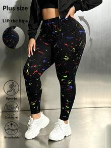 Legging Hitam Ukuran Plus Wanita, Celana Ketat Elastis Modis dengan Motif Percikan Warna-warni, Celana Yoga Pelangsing Pengangkat Bokong dan Pengontrol Perut, Cocok untuk Squat Dalam, Kebugaran, Aktivitas Luar Ruangan, Liburan, Perjalanan, Jalan Santai, Panjang 9/10 - MultiWarna - View 1