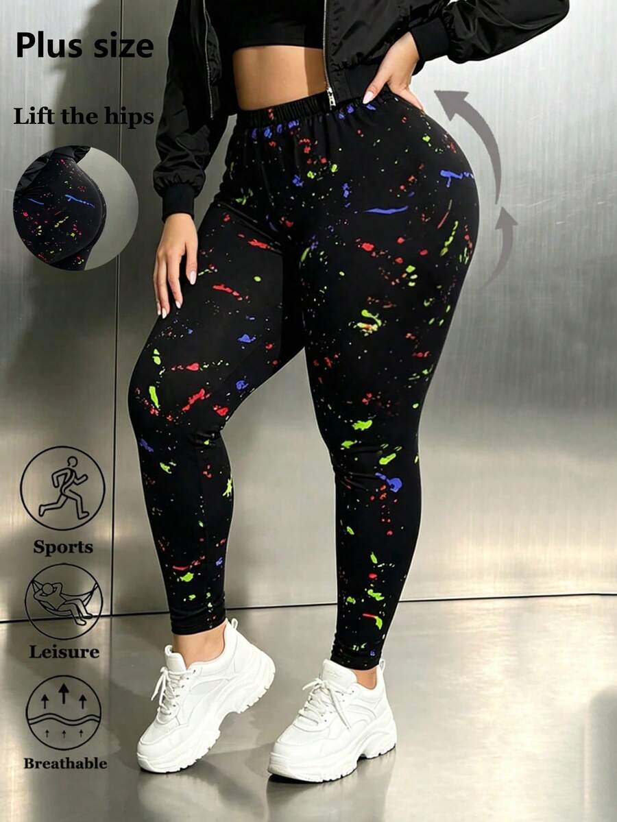 Legging Hitam Ukuran Plus Wanita, Celana Ketat Elastis Modis dengan Motif Percikan Warna-warni, Celana Yoga Pelangsing Pengangkat Bokong dan Pengontrol Perut, Cocok untuk Squat Dalam, Kebugaran, Aktivitas Luar Ruangan, Liburan, Perjalanan, Jalan Santai, Panjang 9/10 - MultiWarna - View 1