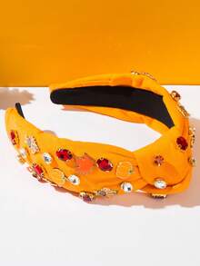 1pc Solid Color Fabric Fashion Women's Headband With Personalized Gem Maple Leaf Turkey Accessory, Versatile Cute Holiday Essential Hair Accessory For Thanksgiving - FG84-orange - View 3