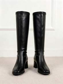 Square Toe Chunky Heel Slim Fit Knee-High Ankle Boots, Slip-On Women's Fashion Tall Boots - Black - View 5