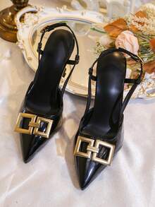 1 Pair Women's High Heel Pumps/Sandals, Versatile For Spring/Autumn, Sexy Fashion Glamorous Style, Solid Color PU With Pure Metal Decor, Suitable For Wedding, Office, Party, Spring/Summer/Autumn/Winter, 1 Pair High Heel Sandals, Solid Color Mirror PU Material + Gold Square Buckle Decor, Lace-Up Design, Pointed Toe Stiletto High Heel Elegant Wedge Sandals, Suitable For Party, Shopping, Travel, Vacation, Outdoor Wear, Summer New Style (Runs Small By One Size) - Black - View 3