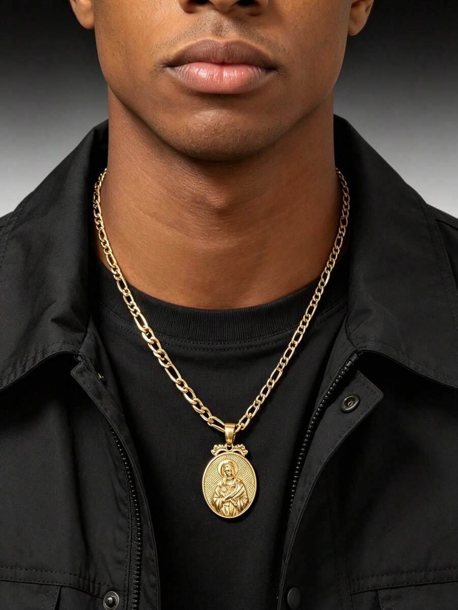 1pc Men's Minimalist Vintage Oval Virgin Mary Pendant Necklace, Unisex Religious Element Jewelry Suitable For Daily Wear And Religious Commemorative Occasions - Yellow Gold - View 1