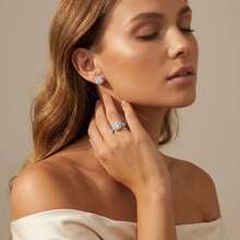 MDFUN White Gold‑Plated CZ Bridal Jewelry Set,2 Stackable Halo Rings+1 Pair Stud Earrings,Square/Round Design For Women Wedding Party - A-chunky Stud Earrings + Ring - View 2