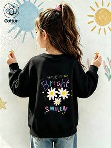 Girls' Cute Printed Drop-Shoulder Round-Neck Long-Sleeve Casual Sports Sweatshirt - Black - View 9