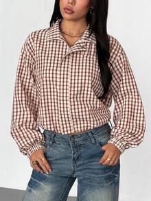 Women's Spring/Autumn Thin Red Plaid Zip-Up Mock Neck Shirt, Long Sleeve Loose Button Cuff Blouse, Preppy Style Casual Shirt - Light Brown - View 5