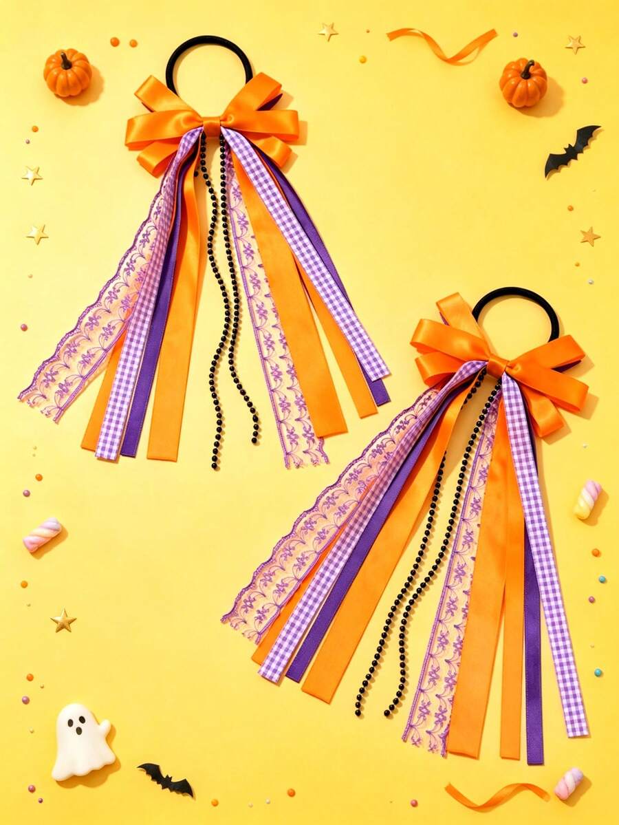 2pcs Girls Halloween Colorful Orange Ribbon Headbands, Lace Beaded Hair Accessories, Children's Hair Decorations, Carnival Party Gifts - Orange - View 1