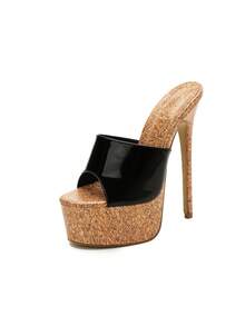 Women's High Heel Fashion Sandals, Wood Grain Color Block Round Toe Open Toe 16cm Sexy Stiletto Ultra High Heel Elegant Sandals - Black - View 5