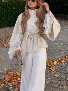 Elegant Fashion Stand Collar Tie Waist Cape Sleeve Elegant Commute Short Cape Jacket - Multicolor - View 1