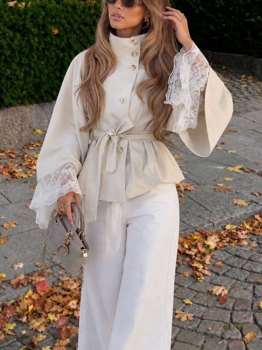 Elegant Fashion Stand Collar Tie Waist Cape Sleeve Elegant Commute Short Cape Jacket - Multicolor - View 1
