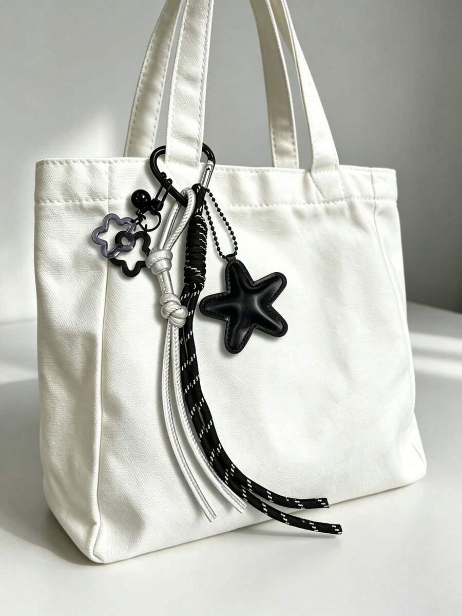 Minimalist Acrylic Star Bell Bag Charm With Woven Rope, Striped Woven Rope Leather Star Pendant, Suitable For Backpack Charm, Daily Bag Decoration, Holiday Party Gift, Back To School Gift, Women's Keychain, Car Keychain, Keychain Making Material, Men's Keychain, Backpack Charm Keychain, Keychain, Keychain Pendant, Keychain Coin Purse, Bulk Keychain, Keychain Set, Keychain Accessories - Multicolor - View 1