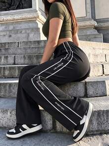Women's American Street Style Embroidered Letter Casual Sports Pants With Side Stripes, Drawstring Waist And Straight Leg - Black - View 1